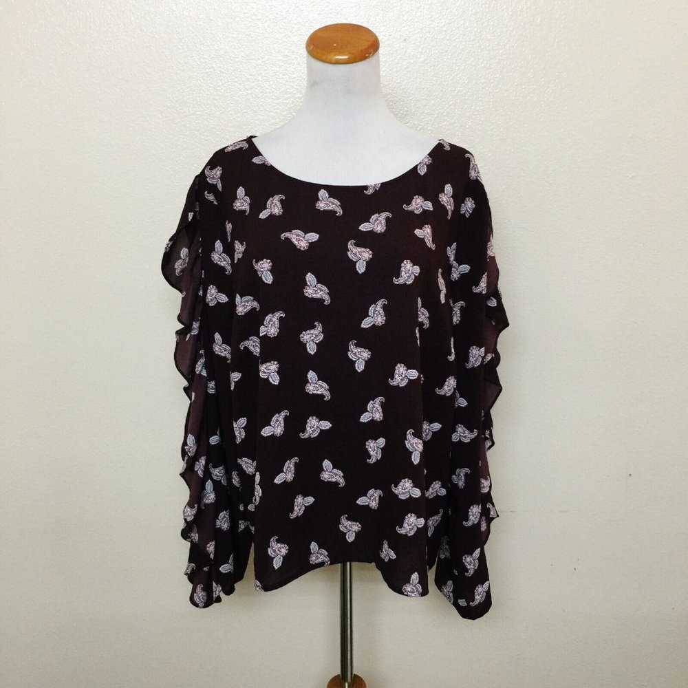 1.State Women's Paisley Petals Ruffle Slit Sleeve Top Crepe Blouse XXL Bateau - Picture 2 of 8